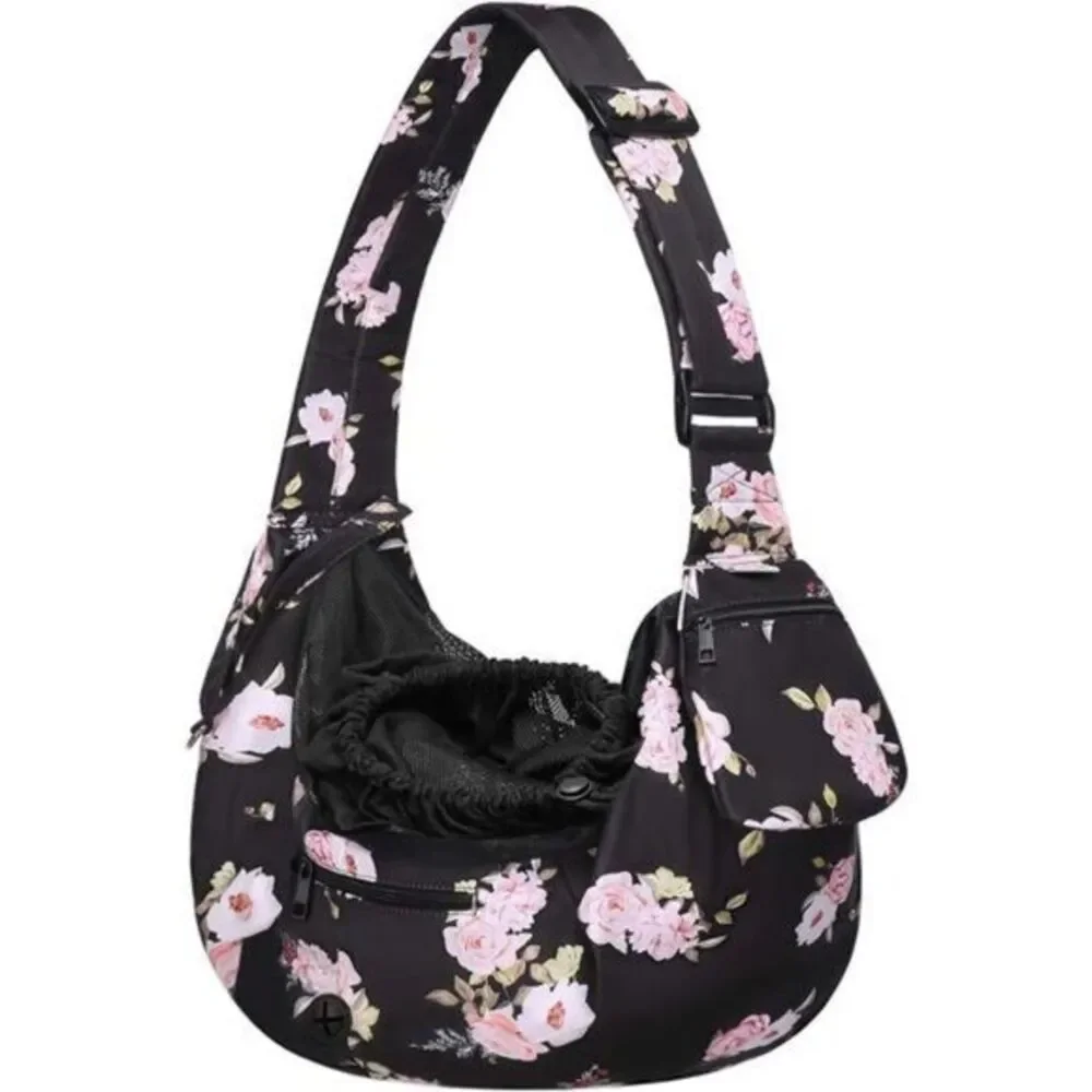 Dog Cat Sling Carrier, Pet Tote Bag Hands Free Adjustable‎ Floral Black Pink